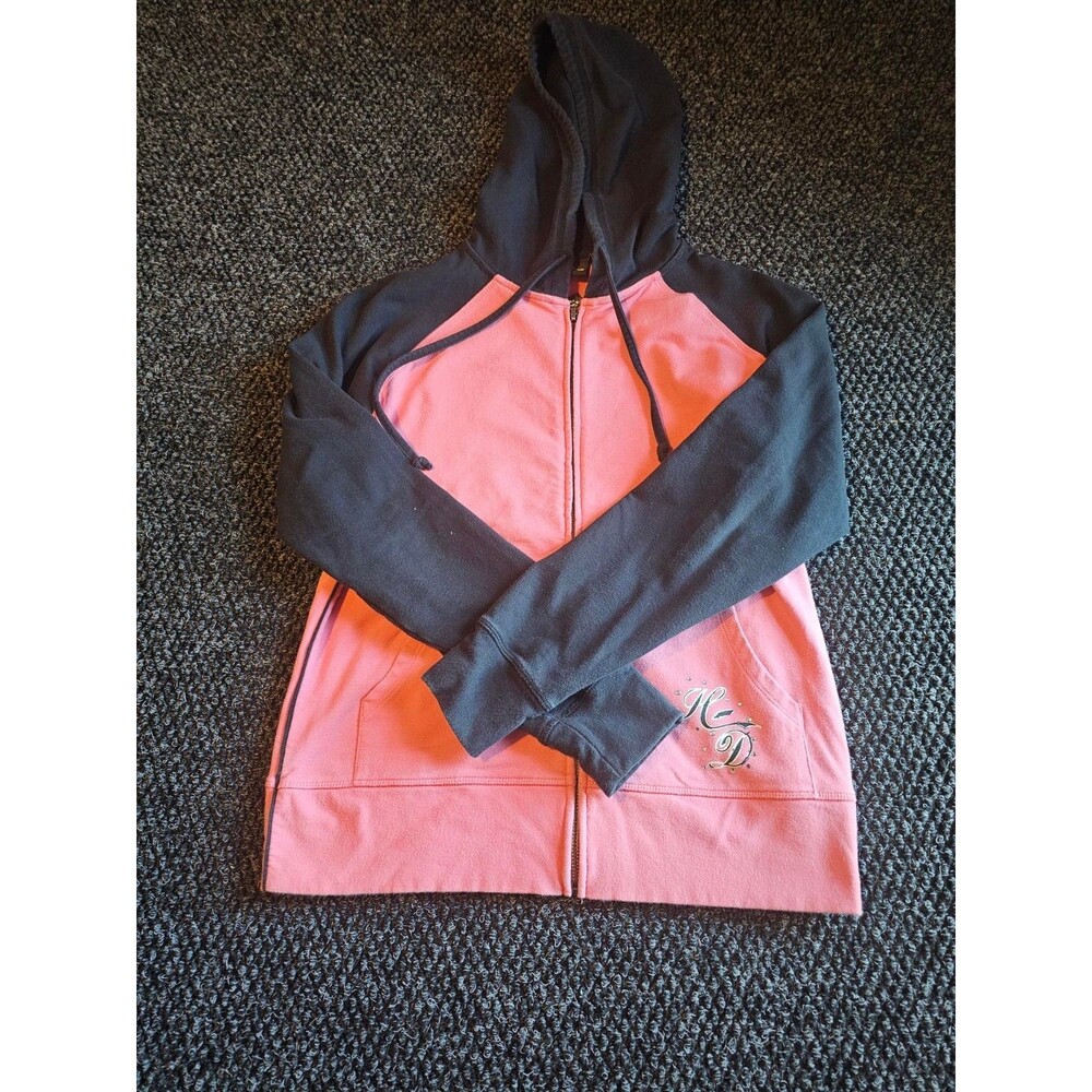 Harley Davidson Womens M Pink Black Full Zip Hoodie Rhinestone Spellout Y2K